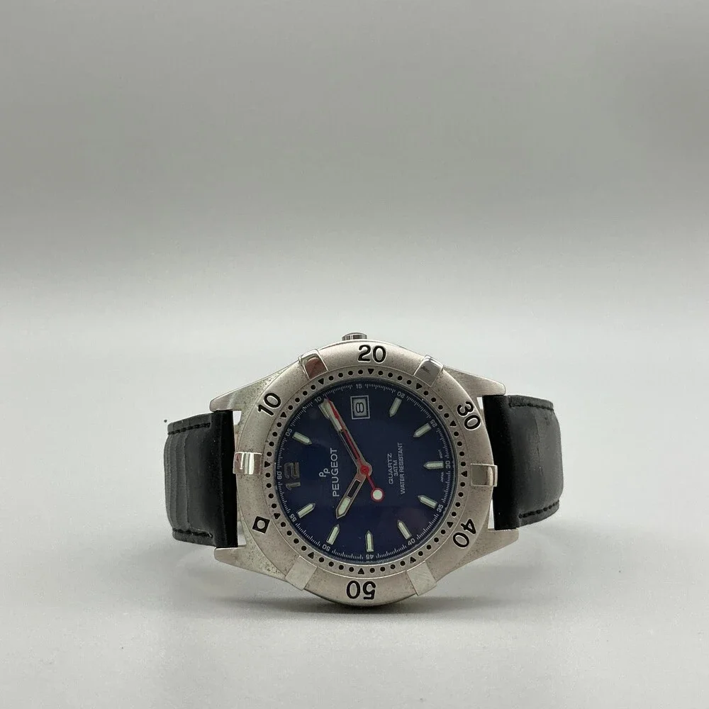 Peugeot Mens Watch Blue Dial Black Leather Diver Date Rotating Bezel New Battery